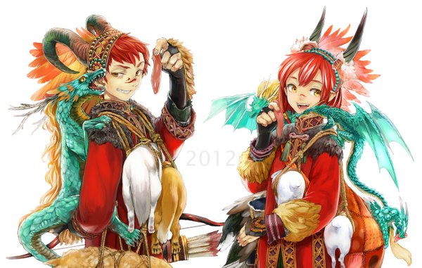 Anime picture 1310x833 with original ririnra (artist) short hair smile white background yellow eyes red hair horn (horns) girl boy bag feather (feathers) dragon bow (weapon) arrow (arrows) meat