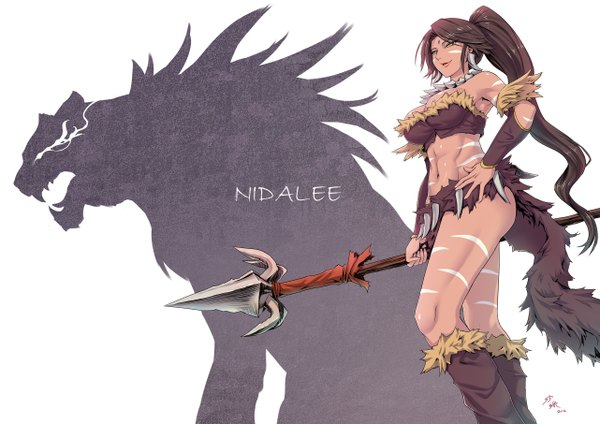 Anime picture 2562x1812 with league of legends nidalee (league of legends) zhen lu single long hair looking at viewer highres breasts light erotic simple background smile brown hair white background yellow eyes ponytail light smile teeth shadow armpit (armpits) fang (fangs)