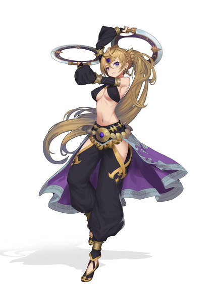 Anime picture 1920x2716 with original neops single long hair tall image looking at viewer fringe highres breasts light erotic simple background blonde hair hair between eyes standing white background purple eyes holding full body ponytail braid (braids)