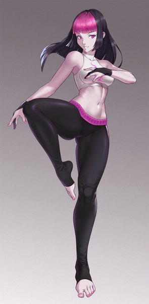 Anime picture 1200x2435 with street fighter capcom han juri cheshirrr single long hair tall image looking at viewer fringe black hair simple background smile standing bare shoulders payot full body bent knee (knees) blunt bangs nail polish pink eyes