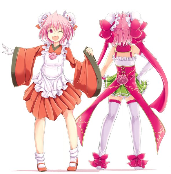 Anime picture 1179x1200 with death angel komachi touhou ibaraki kasen ichirino minagi tall image looking at viewer short hair open mouth simple background smile standing white background pink hair long sleeves traditional clothes :d japanese clothes pleated skirt one eye closed pink eyes
