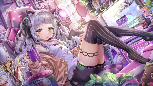 Anime picture 9506x5348 with virtual youtuber hololive murasaki shion shiokko (murasaki shion) torino aqua single long hair looking at viewer blush fringe highres wide image sitting twintails holding animal ears yellow eyes absurdres bent knee (knees) indoors