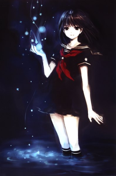 Anime picture 1983x3009 with fuyu no mori (artbook) tearfish single tall image looking at viewer highres brown hair standing holding wind black eyes scan night mole mole under eye partially submerged pale skin girl uniform flower (flowers)