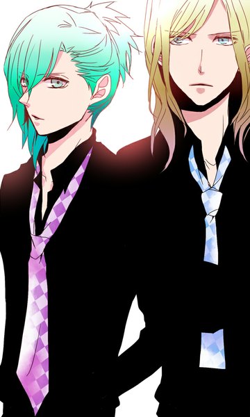 Anime picture 600x1000 with uta no prince-sama a-1 pictures mikaze ai camus soul brother (artist) long hair tall image short hair blue eyes simple background blonde hair white background aqua eyes aqua hair multiple boys open collar boy shirt necktie 2 boys