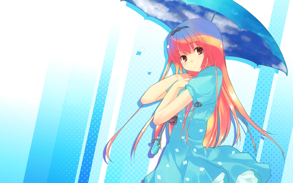 Anime picture 1920x1200 with dlsite.com dille blood refeia single long hair looking at viewer fringe highres wide image pink eyes orange hair wallpaper sky print girl dress umbrella blue dress