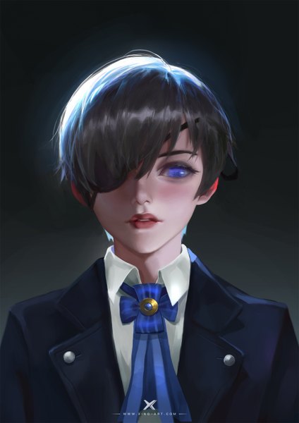 Anime picture 1920x2716 with kuroshitsuji a-1 pictures ciel phantomhive starlab single tall image highres short hair black hair simple background purple eyes lips black background portrait boy eyepatch