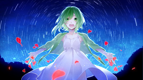 Anime picture 1300x731 with vocaloid gumi raru single looking at viewer blush short hair open mouth smile wide image green eyes green hair night open clothes open jacket teeth night sky blue background girl dress