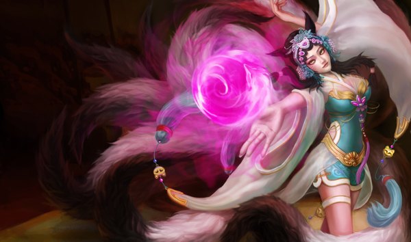 Anime picture 3508x2070 with league of legends ahri (league of legends) yuto single looking at viewer highres breasts black hair wide image animal ears yellow eyes absurdres tail lips magic fox girl multiple tails girl dress