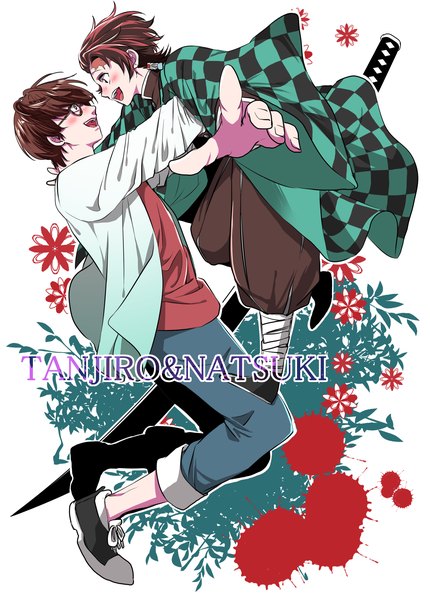 Anime picture 2406x3361 with kimetsu no yaiba ufotable real life kamado tanjirou hanae natsuki ichino (ame0211) tall image blush highres short hair open mouth brown hair brown eyes traditional clothes :d japanese clothes profile multiple boys character names face to face