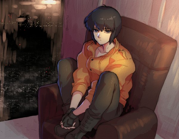 Anime picture 833x649 with ghost in the shell production i.g kusanagi motoko katsuoboshi single looking at viewer fringe short hair black hair sitting signed from above black eyes night girl gloves jacket window fingerless gloves armchair