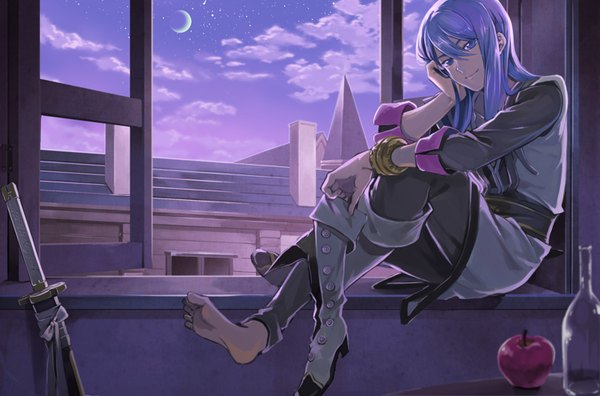 Anime picture 1500x990 with tales of (series) tales of vesperia yuri lowell fujimura (marina) long hair smile sitting purple eyes purple hair cloud (clouds) barefoot night boy sword bracelet window moon star (stars) apple