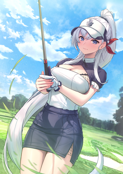 Anime picture 1011x1426 with azur lane belfast (azur lane) solar (happymonk) single tall image looking at viewer fringe breasts blue eyes large breasts standing holding sky silver hair cloud (clouds) outdoors ponytail blunt bangs very long hair light smile