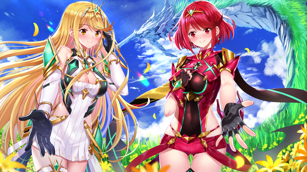 Anime picture 1920x1080 with xenoblade xenoblade 2 pyra (xenoblade) mythra (xenoblade) swordsouls long hair looking at viewer blush highres short hair breasts blonde hair smile red eyes wide image multiple girls yellow eyes payot sky cloud (clouds)