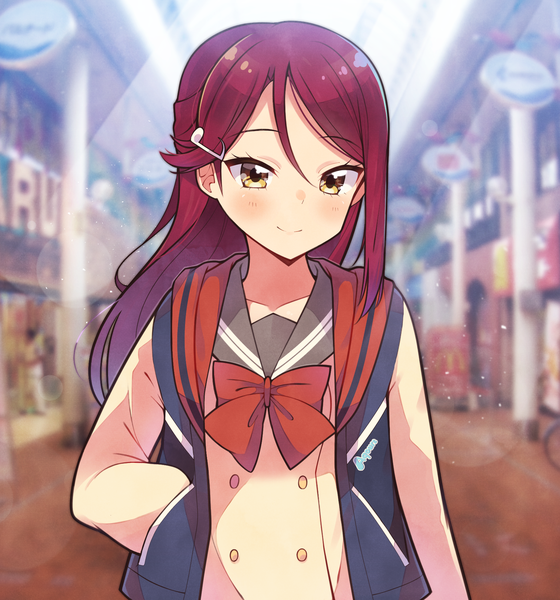 Anime picture 1731x1853 with love live! sunshine!! sunrise (studio) love live! sakurauchi riko ceph (greatyazawa1819) single long hair tall image looking at viewer blush fringe highres hair between eyes standing yellow eyes payot upper body outdoors red hair indoors