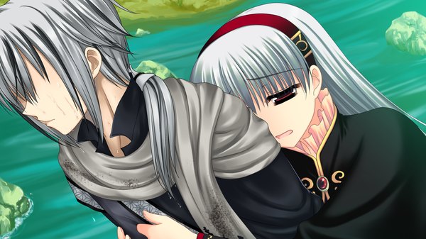 Anime picture 1280x720 with sangoku hime 2 long hair open mouth red eyes wide image game cg silver hair white hair hug girl boy hairband