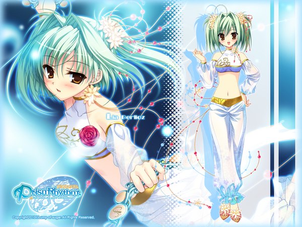 Anime picture 1600x1200 with prismrhythm (game) berlioz ria blush short hair open mouth green eyes yellow eyes game cg hair flower girl dress navel hair ornament