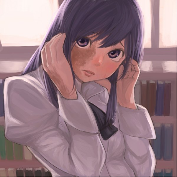 Anime picture 1029x1029 with katawa shoujo ikezawa hanako bukimi isan single long hair looking at viewer blush purple eyes purple hair scar girl uniform bow school uniform shirt book (books) shelf bookshelf