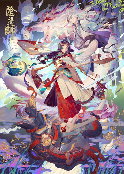 イラスト 1500x2113 と 陰陽師 一目连 yaobikuni (onmyoji) 般若 零 (74184) 長髪 長身像 カメラ目線 短い髪 開いた口 青い目 黒髪 金髪 立つ ツインテール looking away 赤髪 nail polish traditional clothes 和服