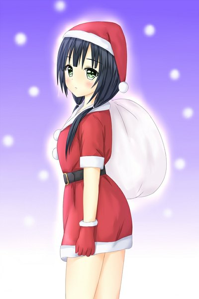 Anime picture 667x1000 with shirobako p.a. works yasuhara ema tear yu single long hair tall image looking at viewer blush fringe black hair simple background green eyes christmas merry christmas girl gloves belt red gloves