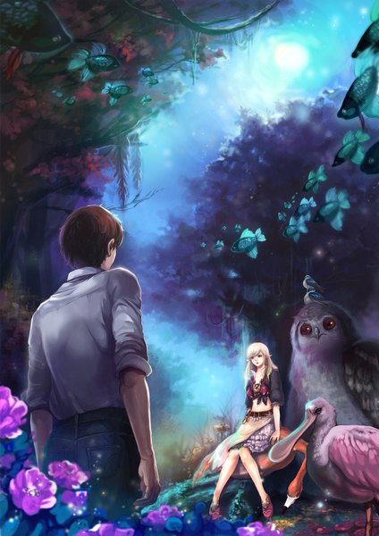 Anime picture 1200x1697 with original saya (mychristian2) long hair tall image short hair blonde hair brown hair standing sitting looking away pointy ears night bare belly night sky back girl boy skirt flower (flowers) plant (plants)