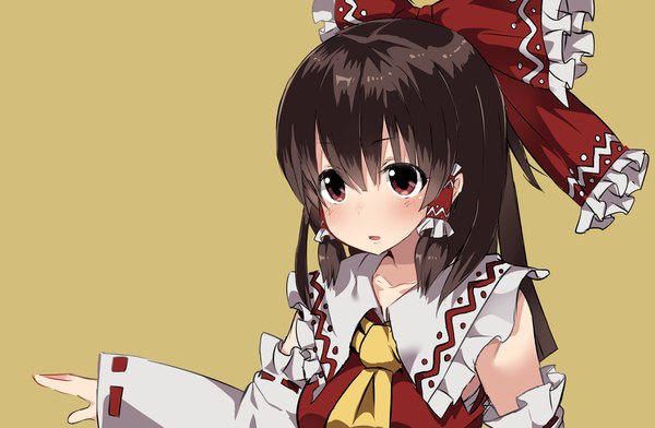 Anime picture 3640x2384 with touhou cookie (touhou) hakurei reimu kanna (cookie) benjamin button suukina jinsei single long hair fringe highres open mouth simple background hair between eyes brown hair bare shoulders brown eyes absurdres upper body ponytail long sleeves :o