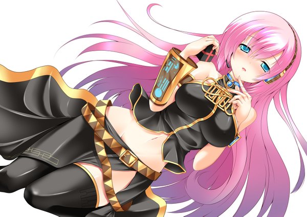 Anime picture 1600x1131 with vocaloid megurine luka nana (artist) single long hair looking at viewer blush fringe breasts light erotic simple background hair between eyes white background bare shoulders pink hair aqua eyes midriff finger to mouth side slit girl