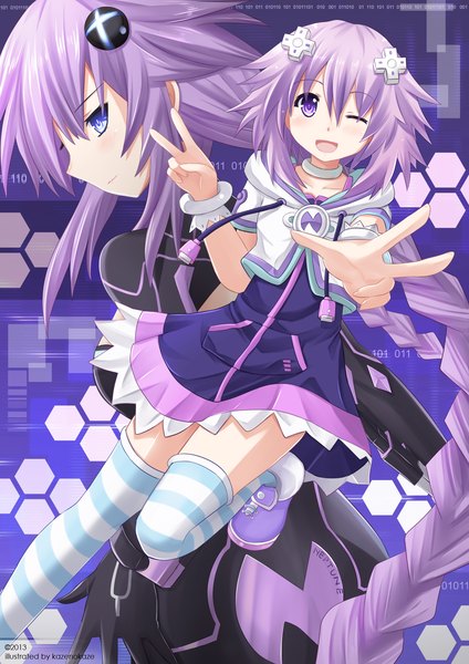 Anime picture 1400x1980 with choujigen game neptune neptune (choujigen game neptune) purple heart kazenokaze long hair tall image blush open mouth blue eyes purple eyes multiple girls purple hair braid (braids) one eye closed wink girl thighhighs dress hair ornament 2 girls