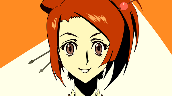 Anime picture 1600x900 with samurai champloo fuu (samurai champloo) single looking at viewer short hair smile brown hair wide image brown eyes vector flat color girl hairpin (hairpins)