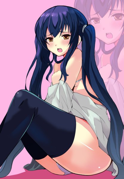 Anime picture 1756x2532 with sakusaku single long hair tall image looking at viewer blush highres open mouth light erotic twintails bare shoulders brown eyes blue hair embarrassed cameltoe zoom layer girl thighhighs underwear panties
