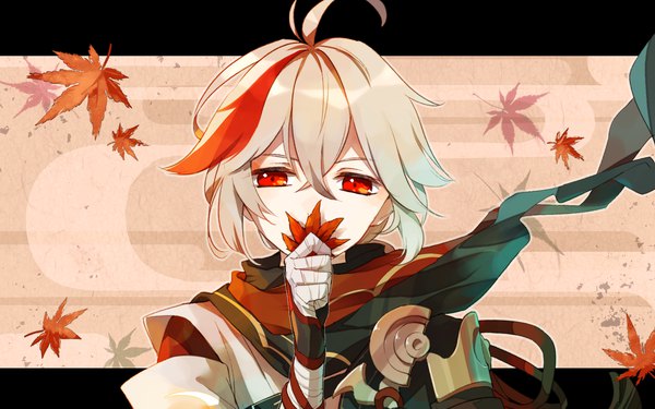 Anime picture 1920x1200 with genshin impact kaedehara kazuha malmaron single looking at viewer fringe highres short hair hair between eyes red eyes holding upper body ahoge multicolored hair grey hair streaked hair letterboxed covered mouth outside border boy