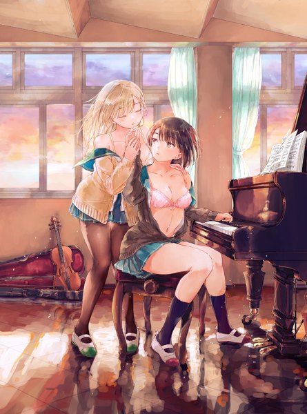 Anime picture 1141x1540 with original syou long hair tall image fringe short hair breasts light erotic blonde hair brown hair standing sitting multiple girls brown eyes full body indoors blunt bangs eyes closed pleated skirt off shoulder