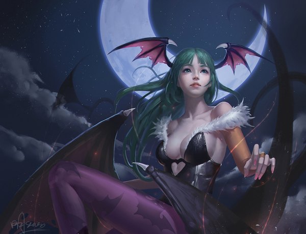 Anime picture 1563x1200 with vampire / darkstalkers (game) capcom morrigan aensland or seven single long hair blush fringe breasts bare shoulders green eyes looking away bent knee (knees) nail polish fingernails green hair lips night night sky long fingernails