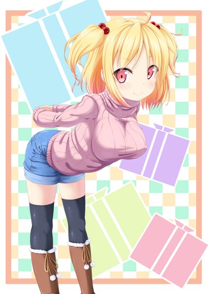 Anime picture 826x1169 with original amau (kosmos) single tall image blush short hair breasts light erotic blonde hair smile twintails ahoge pink eyes leaning leaning forward short twintails hands behind back arched back girl thighhighs
