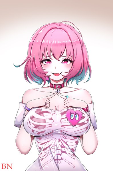 Anime picture 1778x2695 with idolmaster idolmaster cinderella girls yumemi riamu bbuni single tall image looking at viewer blush fringe highres short hair breasts open mouth light erotic simple background smile hair between eyes large breasts white background bare shoulders