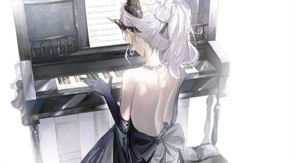 Anime picture 3543x1993 with blue archive hina (blue archive) hina (dress) (blue archive) kuren kren single long hair highres wide image silver hair horn (horns) from behind back official alternate costume bare back playing instrument girl dress gloves earrings black gloves