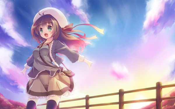 Anime picture 1920x1200 with original hirose madoka single long hair blush highres open mouth brown hair wide image green eyes sky cloud (clouds) zettai ryouiki evening sunset spread arms girl thighhighs dress black thighhighs