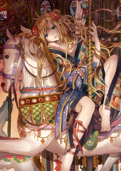 Anime picture 636x900 with original tsukioka tsukiho single long hair tall image looking at viewer blonde hair sitting braid (braids) traditional clothes japanese clothes barefoot hair flower aqua eyes angel wings girl hair ornament flower (flowers) ribbon (ribbons) wings