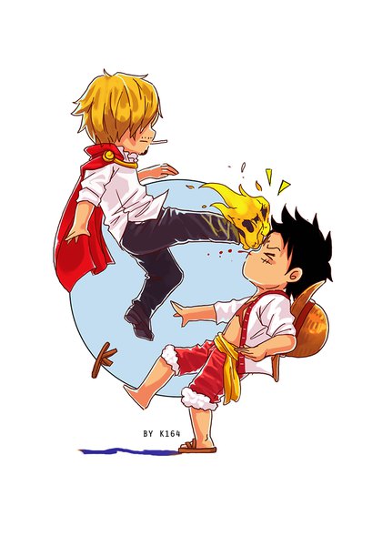 Anime picture 800x1174 with one piece toei animation monkey d. luffy sanji k164 tall image short hair blonde hair simple background standing white background signed full body eyes closed profile open clothes multiple boys standing on one leg scar chibi
