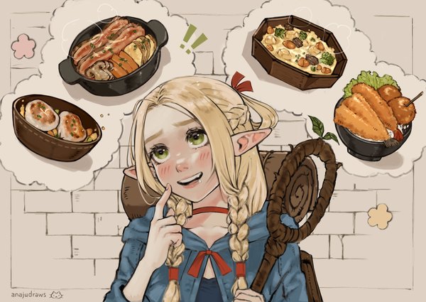 Anime picture 2382x1689 with dungeon meshi studio trigger marcille donato anajudraws single long hair highres blonde hair smile green eyes signed looking away upper body braid (braids) pointy ears twin braids finger to mouth saliva girl choker