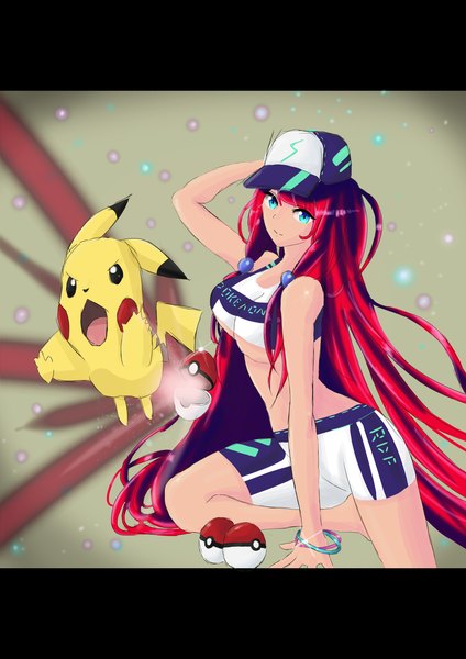 Anime picture 4961x7016 with pokemon original nintendo pikachu rainbow d fox single long hair tall image looking at viewer fringe highres breasts blue eyes light erotic simple background standing absurdres red hair arm up underboob