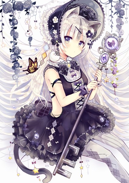 Anime picture 1670x2362 with original sakura oriko single tall image looking at viewer blush fringe simple background white background sitting holding animal ears silver hair tail blunt bangs very long hair animal tail cat ears cat girl cat tail