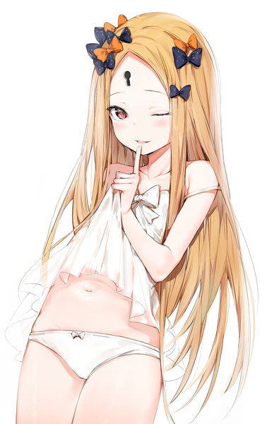 Anime picture 1200x1900 with fate (series) fate/grand order abigail williams (fate) silver (chenwen) single long hair tall image looking at viewer blush fringe open mouth light erotic simple background blonde hair smile standing white background bare shoulders one eye closed wink