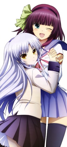 Anime picture 4083x8941 with angel beats! key (studio) tachibana kanade nakamura yuri satou rika (artist) tall image blush highres open mouth smile white background green eyes yellow eyes absurdres silver hair purple hair one eye closed looking back wink holding hands