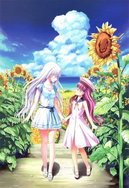 Anime picture 4083x5936 with summer pockets key (studio) naruse shiroha katou umi na-ga long hair tall image highres open mouth smile multiple girls pink hair absurdres sky cloud (clouds) white hair eyes closed profile scan sleeveless