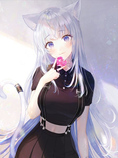 Anime picture 1000x1335 with original daby single long hair tall image looking at viewer blush fringe breasts blue eyes simple background smile standing holding animal ears silver hair tail blunt bangs head tilt animal tail