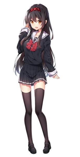Anime picture 617x1200 with original yuxian youka single long hair tall image looking at viewer blush fringe breasts open mouth black hair simple background hair between eyes standing white background brown eyes full body long sleeves pleated skirt zettai ryouiki