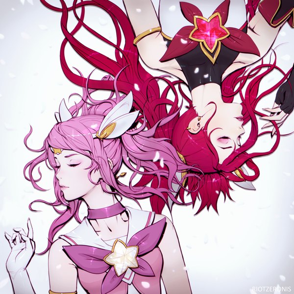 Anime picture 1600x1600 with league of legends jinx (league of legends) lux (league of legends) star guardian lux star guardian jinx paul (shiramune) long hair simple background twintails bare shoulders multiple girls signed pink hair ponytail red hair eyes closed parted lips lips realistic grey background