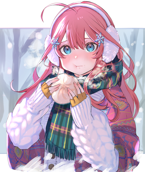 Anime picture 1500x1775 with go-toubun no hanayome nakano itsuki aibon single long hair tall image blush fringe blue eyes hair between eyes looking away upper body ahoge red hair long sleeves sleeves past wrists eating outside border steam girl