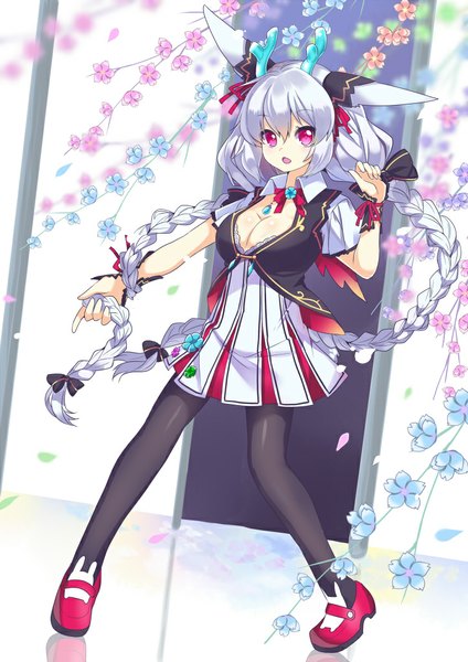 Anime picture 723x1023 with original nyori single tall image open mouth animal ears cleavage silver hair braid (braids) very long hair pink eyes horn (horns) twin braids girl flower (flowers) ribbon (ribbons) hair ribbon petals pantyhose wrist cuffs