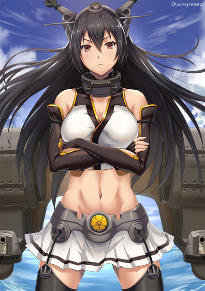 Anime picture 800x1131 with kantai collection nagato battleship sakiyamama single long hair tall image looking at viewer fringe breasts light erotic black hair hair between eyes large breasts standing bare shoulders brown eyes signed sky cleavage cloud (clouds)